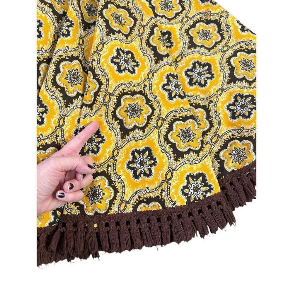 Vtg Midi Full Skirt Yellow Brown Tassels Waist 60s 70s Retro Talon Zipper